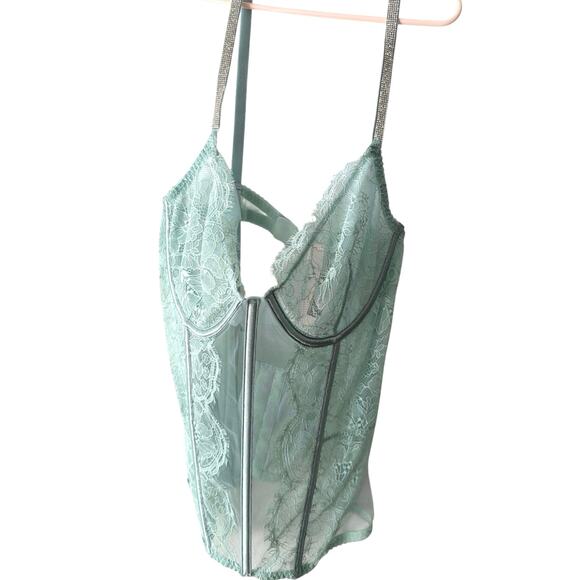 Victoria Secret Lingerie Bustier Corset XL Light Mint Blue Lace rhinestone Strap - Picture 3 of 10
